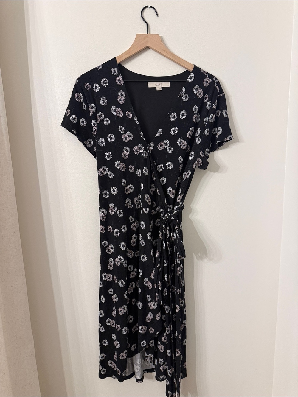 LOFT Black Cotton Floral Wrap Dress with White Daisy Print